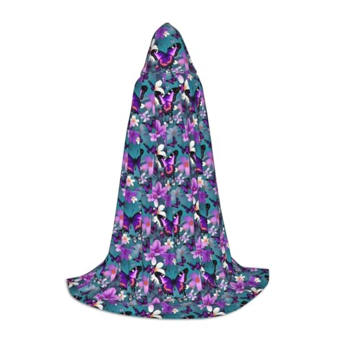 axzttupy Violetter Schmetterlings- und Blumendruck, Unisex, mit Kapuze, für Zauberer, Weihnachten, Karneval, Halloween, Cosplay von axzttupy