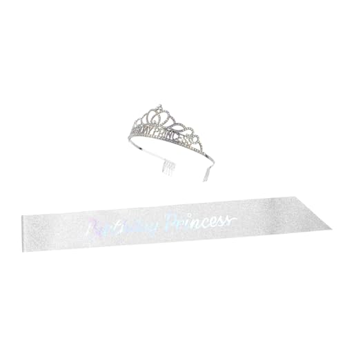 balacoo Geburtstagskrone und Schärpe Silber Ab Farbverlauf Glitzer Tiara Stirnband für Erwachsene Langlebiges Partyaccessoire für Glamouröse Geburtstagsfeier und Festliche Dekoration von balacoo
