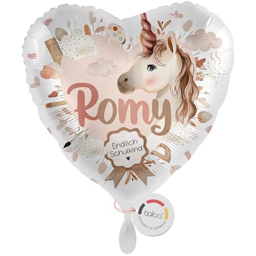 balloa Ballon personalisiert mit Namen XXL - personalisiertes Geschenk zur Einschulung, Folienballon mit Einhorn Motiv, Helium Ballon in Herzform, Schulkind Mädchen Deko Luftballon - 53cm von balloa