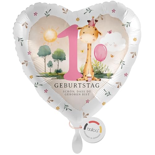 balloa Folienballon 1 Jahr mit Giraffe Safari Motiv, Geschenk zum ersten Kindergeburtstag für Jungen oder Mädchen, Helium Ballon Tierparty Deko, Luftballon Feierdekoration, 33cm von balloa