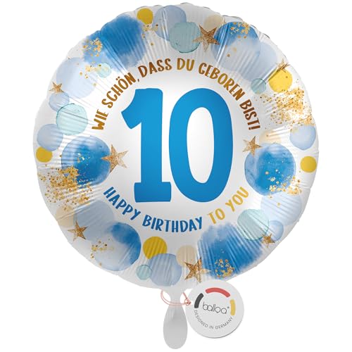 balloa Folienballon 10. Geburtstag Junge, Helium Ballon mit Zahl 10 und Spruch Wie schön, dass du geboren bist, Luftballon als Geschenk oder Geburtstagsdeko für Kindergeburtstag Jungen, 33cm von balloa