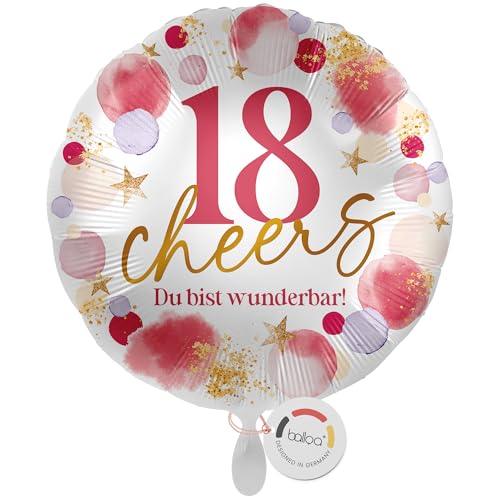 balloa Folienballon 18 Cheers Du bist wunderbar, runder Helium Ballon für Mädchen oder junge Frauen zum achtzehnten Geburtstag, Geschenk Luftballon befüllbar mit Helium oder Luft, 33cm von balloa