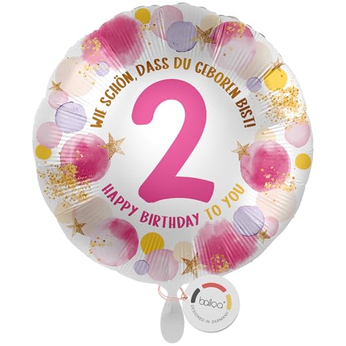balloa Folienballon 2 Happy Birthday, runder Helium Ballon zum 2. Geburtstag für Mädchen, Geburtstagsdeko in Rosa und Gold mit Zahl 2, befüllbar mit Luft oder Helium, Party Ballon, 33cm balloa Folienballon 2 Happy Birthday, runder Helium Ballon zum 2. Geburtstag für Mädchen, Geburtstagsdeko in Rosa und Gold mit Zahl 2, befüllbar mit Luft oder Helium, Party Ballon, 33cm von balloa