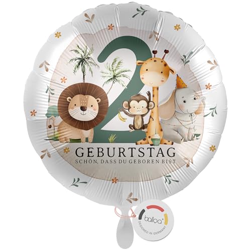balloa Folienballon 2 Jahre Safari Motiv mit Löwe Giraffe Affe Elefant, Geschenk zum zweiten Kindergeburtstag, Helium Ballon Dschungel Tierparty Deko, Luftballon Feierdekoration, 33cm von balloa