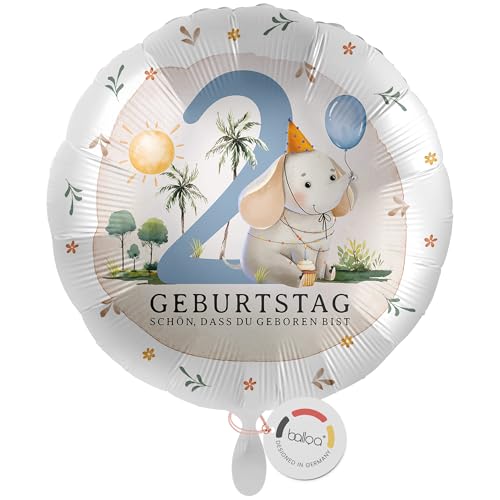 balloa Folienballon 2 Jahre rund Safari Motiv mit Elefant und Palmen, Geschenk zum zweiten Kindergeburtstag, Helium Ballon Luftballon Safari Deko Tierparty Kinderfest Geburtstagsdekoration, 33cm von balloa