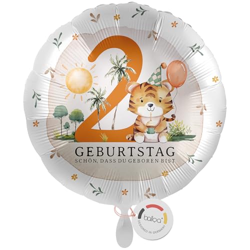 balloa Folienballon 2 Jahre rund Safari Motiv mit Tiger und Palmen, Geschenk zum zweiten Kindergeburtstag, Helium Ballon Luftballon Safari Deko Tierparty Kinderfest Geburtstagsdekoration, 33cm von balloa