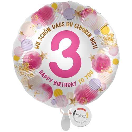 balloa Folienballon 3 Happy Birthday, runder Helium Ballon zum 3. Geburtstag für Mädchen, Geburtstagsdeko in Rosa und Gold mit Zahl 3, befüllbar mit Luft oder Helium, Party Ballon, 33cm balloa Folienballon 3 Happy Birthday, runder Helium Ballon zum 3. Geburtstag für Mädchen, Geburtstagsdeko in Rosa und Gold mit Zahl 3, befüllbar mit Luft oder Helium, Party Ballon, 33cm von balloa