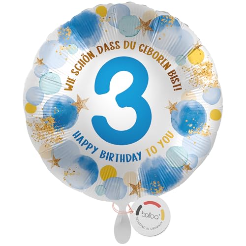 balloa Folienballon 3. Geburtstag Junge, Helium Ballon mit Zahl 3 und Spruch Wie schön, dass du geboren bist, Geburtstagsdeko Kinder, Ballon Geschenk zum Kindergeburtstag Junge, 33cm von balloa