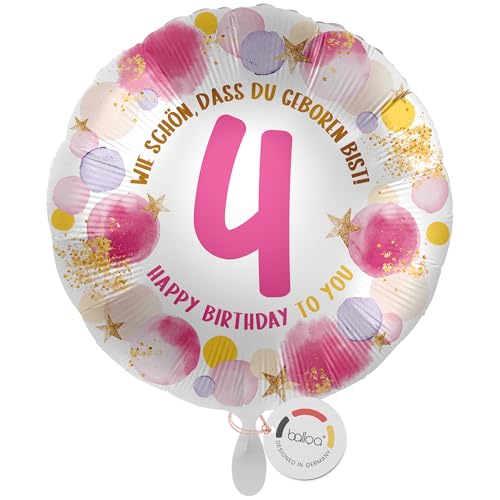 balloa Folienballon 4 Happy Birthday, runder Helium Ballon zum 4. Geburtstag für Mädchen, Geburtstagsdeko in Rosa und Gold mit Zahl 4, befüllbar mit Luft oder Helium, Party Ballon, 33cm balloa Folienballon 4 Happy Birthday, runder Helium Ballon zum 4. Geburtstag für Mädchen, Geburtstagsdeko in Rosa und Gold mit Zahl 4, befüllbar mit Luft oder Helium, Party Ballon, 33cm von balloa