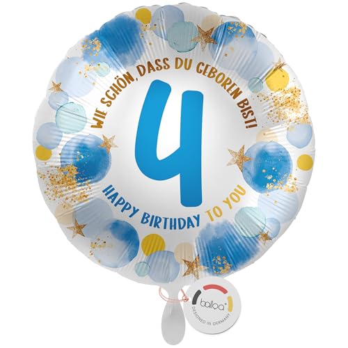 balloa Folienballon 4. Geburtstag Junge, Helium Ballon mit Zahl 4 und Spruch Wie schön, dass du geboren bist, Geburtstagsdeko Kinder, Ballon Geschenk zum Kindergeburtstag Junge, 33cm von balloa