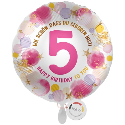 balloa Folienballon 5 Happy Birthday, runder Helium Ballon zum 5. Geburtstag für Mädchen, Geburtstagsdeko in Rosa und Gold mit Zahl 5, befüllbar mit Luft oder Helium, Party Ballon, 33cm balloa Folienballon 5 Happy Birthday, runder Helium Ballon zum 5. Geburtstag für Mädchen, Geburtstagsdeko in Rosa und Gold mit Zahl 5, befüllbar mit Luft oder Helium, Party Ballon, 33cm von balloa