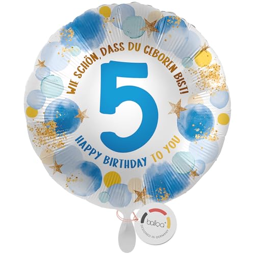 balloa Folienballon 5. Geburtstag Junge, Helium Ballon mit Zahl 5 und Spruch Wie schön, dass du geboren bist, Geburtstagsdeko Kinder, Ballon Geschenk zum Kindergeburtstag Junge, 33cm von balloa