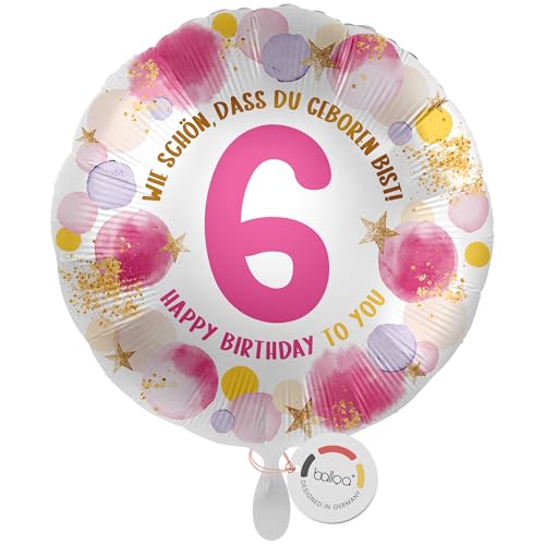 balloa Folienballon 6 Happy Birthday, runder Helium Ballon zum 6. Geburtstag für Mädchen, Geburtstagsdeko in Rosa und Gold mit Zahl 6, befüllbar mit Luft oder Helium, Party Ballon, 33cm balloa Folienballon 6 Happy Birthday, runder Helium Ballon zum 6. Geburtstag für Mädchen, Geburtstagsdeko in Rosa und Gold mit Zahl 6, befüllbar mit Luft oder Helium, Party Ballon, 33cm von balloa