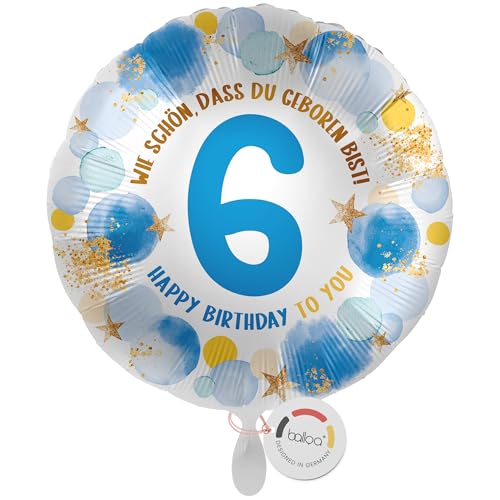 balloa Folienballon 6. Geburtstag Junge, Helium Ballon mit Zahl 6 und Spruch Wie schön, dass du geboren bist, Geschenk Ballon Kindergeburtstag, Dekoration Kinder Jungen Geburtstagsparty, 33cm von balloa