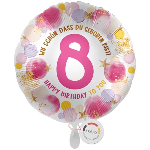 balloa Folienballon 8 Happy Birthday, runder Helium Ballon zum 8. Geburtstag für Mädchen, Geburtstagsdeko in Rosa und Gold mit Zahl 8, befüllbar mit Luft oder Helium, Party Ballon, 33cm balloa Folienballon 8 Happy Birthday, runder Helium Ballon zum 8. Geburtstag für Mädchen, Geburtstagsdeko in Rosa und Gold mit Zahl 8, befüllbar mit Luft oder Helium, Party Ballon, 33cm von balloa