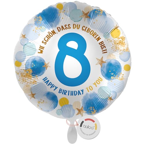 balloa Folienballon 8. Geburtstag Junge, Helium Ballon mit Zahl 8 und Spruch Wie schön, dass du geboren bist, Kindergeburtstag Ballon als Geschenk oder Dekoration für Jungenparty, 33cm von balloa