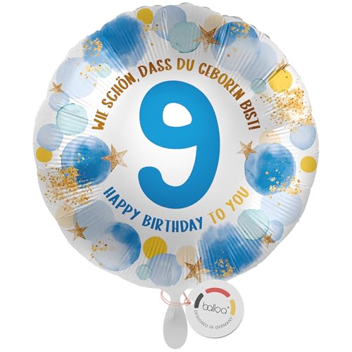 balloa Folienballon 9. Geburtstag Junge, Helium Ballon mit Zahl 9 und Spruch Wie schön, dass du geboren bist, Kindergeburtstag Ballon als Geschenk oder Dekoration für Jungenparty, 33cm von balloa