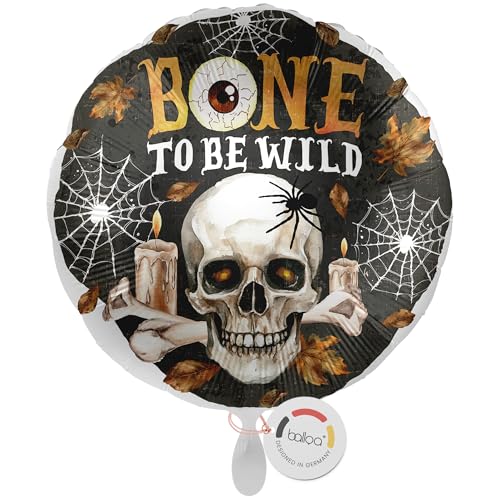 balloa Folienballon Halloween Skull Bone to be Wild, runder Ballon mit Totenkopf und Spinnennetz, Helium geeignet Luftballon, Halloweendeko für Kinder und Erwachsene, Partydeko Halloweenparty, 33cm von balloa