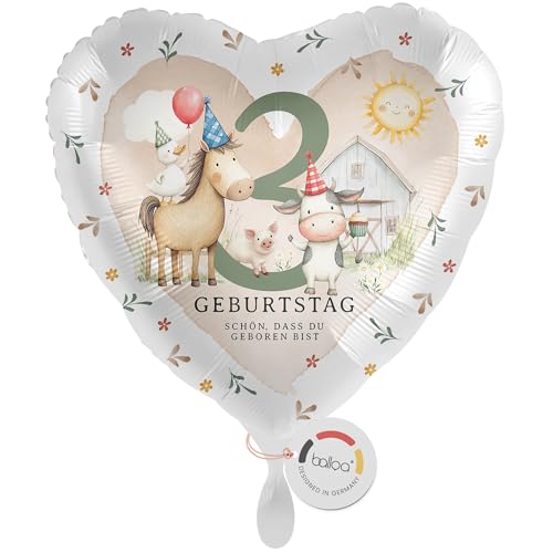 balloa Folienballon Herz Bauernhof Tiere Pferd Kuh Schwein Gans mit Zahl 3, Geschenk zum 3. Geburtstag für Kinder, Helium geeignet Luftballon, Deko Idee Mädchen Jungen, Geburtstagsdekoration, 33cm balloa Folienballon Herz Bauernhof Tiere Pferd Kuh Schwein Gans mit Zahl 3, Geschenk zum 3. Geburtstag für Kinder, Helium geeignet Luftballon, Deko Idee Mädchen Jungen, Geburtstagsdekoration, 33cm von balloa