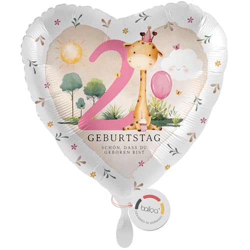 balloa Folienballon Herzballon Giraffe Safari Motiv, Geschenk zum 2. Geburtstag für Kinder, Helium geeignet Luftballon Partydeko, Deko Idee für Mädchen Jungen, Geburtstagsdekoration, 33cm von balloa