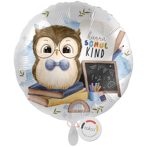 balloa Folienballon Hurra Schulkind, runder Helium Ballon zur Einschulung mit Eule und Schulmaterial, Geschenkidee für Jungen, Einschulungsdeko, befüllbar mit Luft oder Helium, Schulanfang, 33cm von balloa