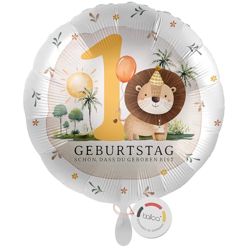 balloa Folienballon Safari Löwe, Geschenk zum 1. Geburtstag für Jungen oder Mädchen, Helium Ballon Rund mit Tiermotiv und Zahl 1, Kindergeburtstag Deko Safari Party, Geburtstagsdekoration, 33cm von balloa