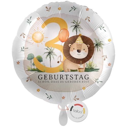 balloa Folienballon Safari Löwe, Geschenk zum 3. Geburtstag, Rundballon Helium geeignet Luftballon für Kinderparty oder Mottoparty, Deko Idee für Jungen oder Mädchen, Geburtstagsdekoration, 33cm von balloa