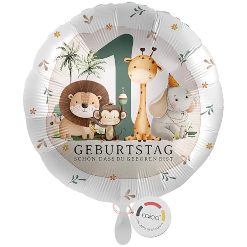 balloa Folienballon Safari Tiere, Geschenk zum 1. Geburtstag für Jungen oder Mädchen, Helium geeignet Rund mit Motiv Löwe Affe Giraffe Elefant, Kindergeburtstag Deko, Geburtstagsdekoration, 33cm von balloa