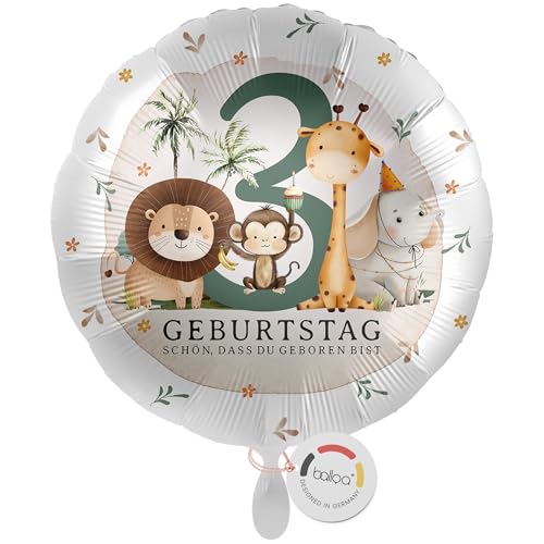 balloa Folienballon Safari Tiere Motiv Löwe Giraffe Affe Elefant, Geschenk zum 3. Geburtstag für Kinder, Helium geeignet Luftballon Partydeko, Deko Idee für Mädchen Jungen Geburtstagsdekoration, 33cm von balloa