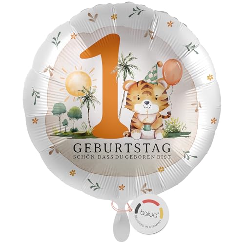 balloa Folienballon Safari Tiger, Geschenk zum 1. Geburtstag für Jungen oder Mädchen, Helium Ballon Rund mit Tiermotiv und Zahl 1, Kindergeburtstag Deko Safari Party, Geburtstagsdekoration, 33cm von balloa