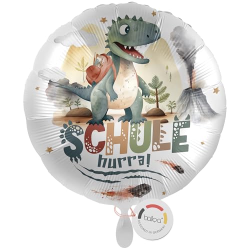 balloa Folienballon Schule Hurra, runder Helium Ballon zur Einschulung mit Dino Motiv und Rucksack, Geschenkidee für Jungen, Einschulungsdeko zum Schulanfang, befüllbar mit Luft oder Helium, 33cm von balloa