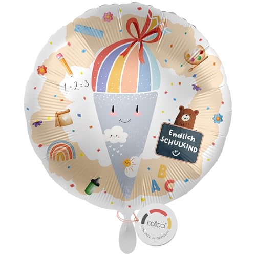 balloa Folienballon Schulkind zur Einschulung, runder Helium Ballon mit Motiv Schultüte und Schriftzug Endlich Schulkind, Geschenk zum Schulanfang für Mädchen oder Jungen, Einschulungsdeko, 33cm von balloa