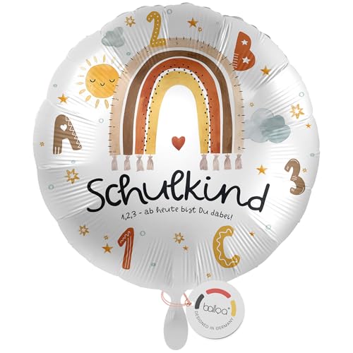balloa Folienballon Schulkind zur Einschulung, runder Helium Ballon mit Zahlenmotiv und Regenbogen, Geschenk zum Schulanfang für Mädchen oder Jungen, Einschulungsdeko für Schultüte oder Feier, 33cm von balloa
