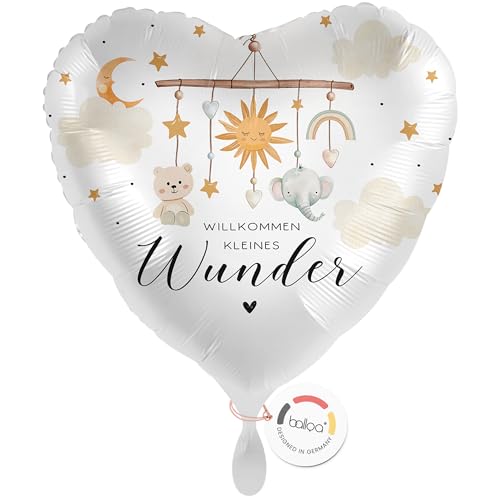 balloa Folienballon Willkommen kleines Wunder, Helium Ballon zur Geburt, Geschenkidee zur Babyshower und Babyparty, neutral mit Elefant und Sternen, Herzballon 33cm von balloa