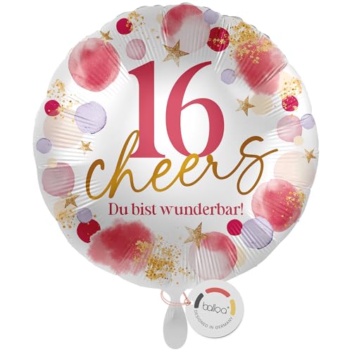 balloa Folienballon XXL 16 Cheers Du bist wunderbar, großer Helium Luftballon zum 16. Geburtstag für Frauen oder Mädchen, Geschenkidee und Geburtstagsdeko, befüllbar mit Helium oder Luft, 53cm von balloa