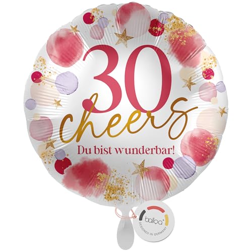 balloa Folienballon XXL 30 Cheers Du bist wunderbar, großer Geburtstagsballon für Frauen zum dreißigsten Geburtstag, Zahl 30 als Helium Ballon, Luftballon wird ungefüllt geliefert, 53cm von balloa
