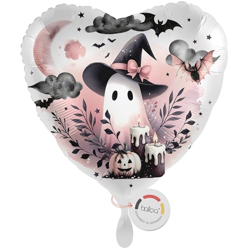 balloa Folienballon XXL Halloween Black Ghost, Herzballon mit Hexenhut und Kerzen, Helium geeignet Luftballon, Halloweendeko für Kinder und Erwachsene, Partydeko Halloweenparty, 53cm von balloa