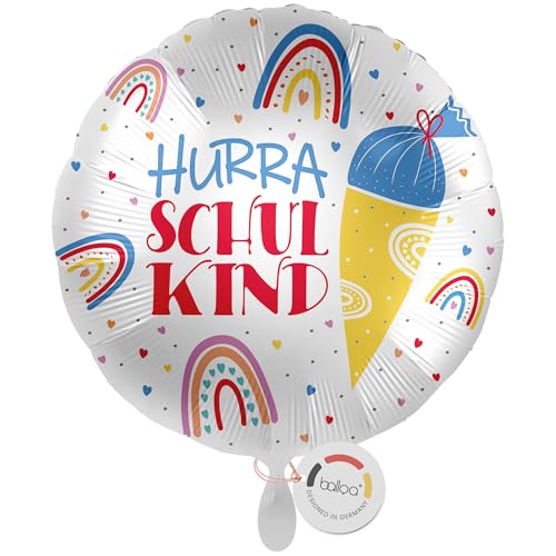 balloa Folienballon XXL Hurra Schulkind, großer Helium Ballon zur Einschulung mit Schultüte Motiv und Herzdekor, Geschenk zum Schulanfang, Einschulungsdeko, befüllbar mit Luft oder Helium, 53cm von balloa