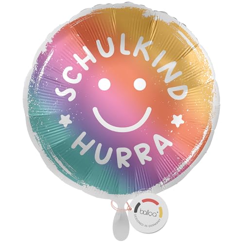 balloa Folienballon XXL Hurra Schulkind, großer runder Helium Ballon zur Einschulung mit Farbverlauf und Smiley, Deko für Mädchen oder Jungen zum Schulanfang oder als Geschenk zur Schultüte, 53cm von balloa