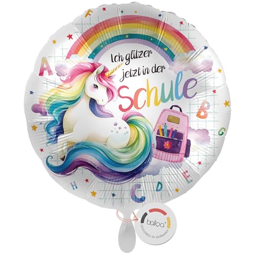 balloa Folienballon XXL Ich glitzer jetzt in der Schule, großer runder Helium Ballon zur Einschulung mit Einhornmotiv, Geschenk zum Schulanfang für Mädchen, Deko, befüllbar mit Luft oder Helium, 53cm von balloa
