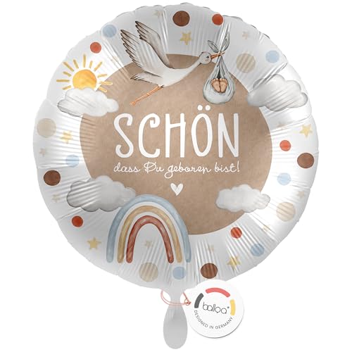 balloa Folienballon XXL Schön dass du geboren bist, Helium Ballon zur Geburt, Geschenk zur Babyparty, neutrale Babyshower Dekoration mit Storch, rund 53cm von balloa