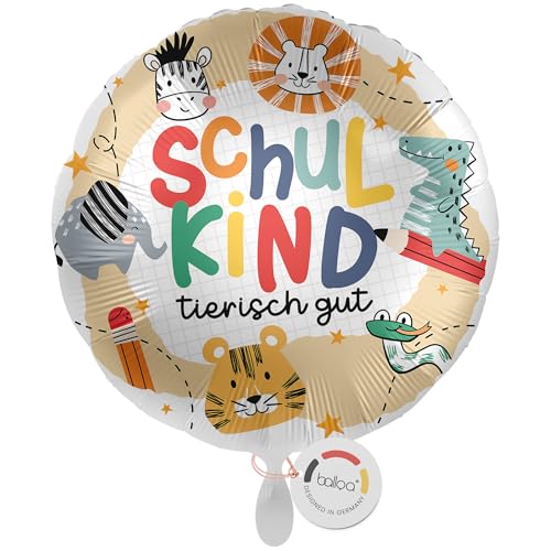 balloa Folienballon XXL Schule tierisch gut, großer Helium Ballon zur Einschulung mit Tiermotiven, Geschenk für Mädchen oder Jungen, befüllbar mit Luft oder Helium, Einschulungsdeko, 53cm von balloa