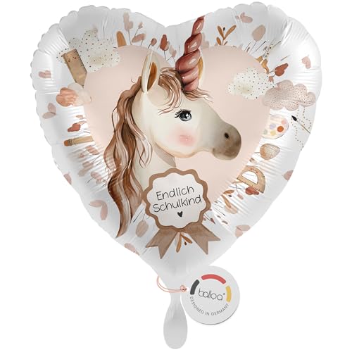 balloa Folienballon XXL Schulkind, großer Herz Helium Ballon zur Einschulung mit Einhorn Motiv, Geschenk zum Schulanfang für Mädchen, Deko für Einschulungsfeier, befüllbar mit Luft oder Helium, 53cm von balloa