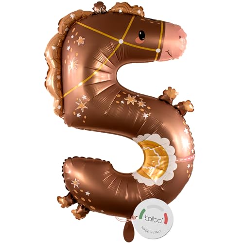 balloa Folienballon XXL Zahl 5 Pferd, Helium Ballon Tiermotiv, Luftballon Zahl Fünf Geburtstag Mädchen Junge, Geschenk zum 5 Geburtstag Kindergeburtstag Deko Ballon Zahl 5, 90cm von balloa