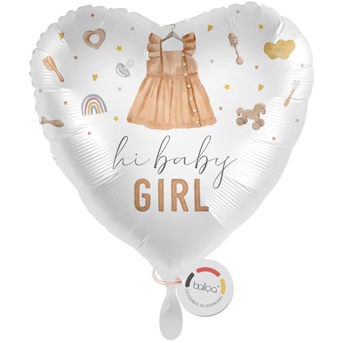 balloa Folienballon XXL hi baby Girl Herzballon Maedchen mit Kleid Motiv, Geschenk zur Geburt Helium Ballon Babyshower Babyparty Party Deko, Geburtstagsdekoration Luftballon wiederbefuellbar 53cm von balloa