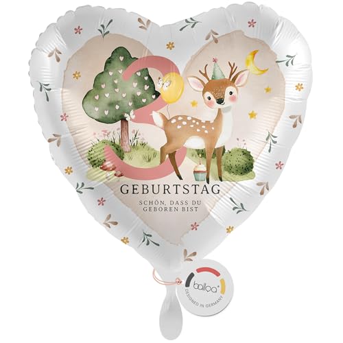balloa Folienballon mit Reh Waldtiere, Geschenk zum 3. Geburtstag für Kinder, Herzballon Safari Motiv, Helium Ballon geeignet, Deko Party Zubehör Jungen Mädchen, Geburtstagsdekoration, 33cm von balloa