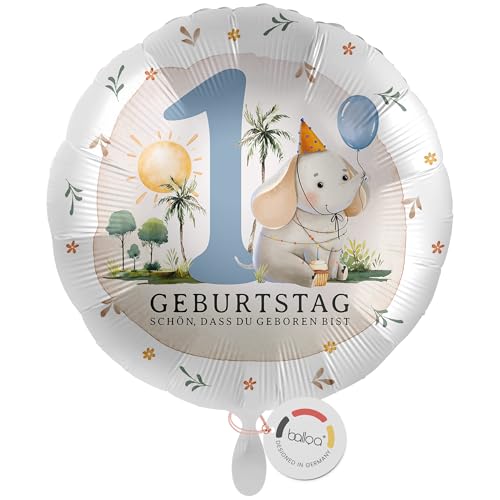 balloa Folienballon zum 1 Geburtstag, Geschenkidee für Kinder mit Safari Elefant Motiv, Helium Ballon für Junge oder Mädchen, Luftballon zur Babyparty, Tierwelt Geburtstagsdekoration, 33cm von balloa
