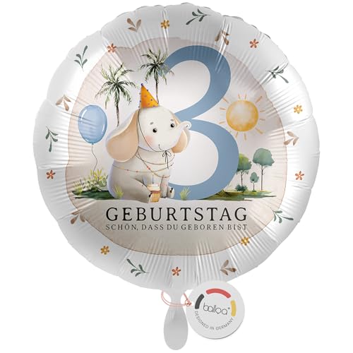 balloa Folienballon zum 3 Geburtstag, Geschenkidee Kinderparty mit Elefant Safari Motiv, Helium geeignet Luftballon rund, Deko Highlight für Jungen oder Mädchen, Geburtstagsdekoration, 33cm von balloa