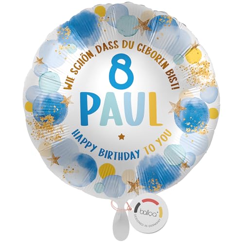 balloa Personalisierter Ballon XXL mit Namen, Folienballon 8. Geburtstag Junge, Helium Luftballon mit Zahl und Wunschtext, Dekoration Kinderparty Geburtstagsüberraschung Baby, 53cm von balloa
