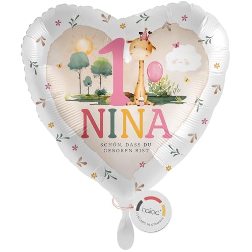 balloa Personalisierter Ballon XXL mit Namen, Geschenk zum 1. Geburtstag, Folienballon Giraffe Safari Partydeko, Helium geeignet Luftballon, Deko für Kindergeburtstag, Geburtstagsdekoration, 53cm von balloa
